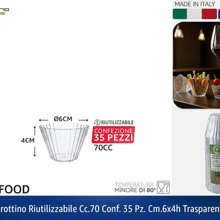 Pirottino Riutilizzabile cc.70, Confezione da 35 Pz, cm.6x4h - Colori Trasparente | Bianco | Nero Trasparente Tecnostyle