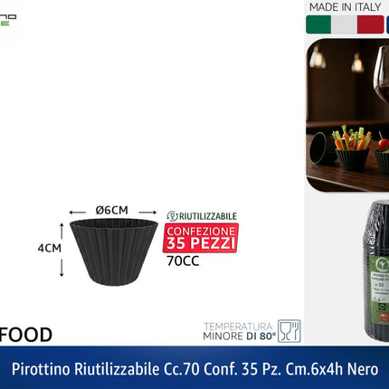 Pirottino Riutilizzabile cc.70, Confezione da 35 Pz, cm.6x4h - Colori Trasparente | Bianco | Nero Nero Tecnostyle