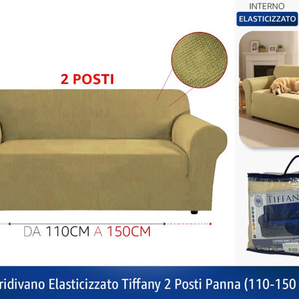 Copridivano Elasticizzato Tiffany – Fodera per Divano 2 e 3 Posti in Tessuto bielastico a Costine Panna 2 POSTI - da 110cm a 150cm Tierre Groupe