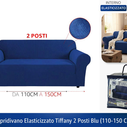 Copridivano Elasticizzato Tiffany – Fodera per Divano 2 e 3 Posti in Tessuto bielastico a Costine Blu 2 POSTI - da 110cm a 150cm Tierre Groupe