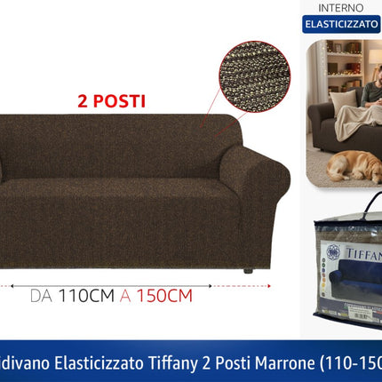 Copridivano Elasticizzato Tiffany – Fodera per Divano 2 e 3 Posti in Tessuto bielastico a Costine Marrone 2 POSTI - da 110cm a 150cm Tierre Groupe