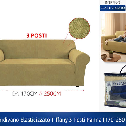 Copridivano Elasticizzato Tiffany – Fodera per Divano 2 e 3 Posti in Tessuto bielastico a Costine Panna 3 POSTI - da 170cm a 250cm Tierre Groupe