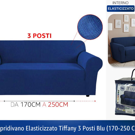 Copridivano Elasticizzato Tiffany – Fodera per Divano 2 e 3 Posti in Tessuto bielastico a Costine Blu 3 POSTI - da 170cm a 250cm Tierre Groupe