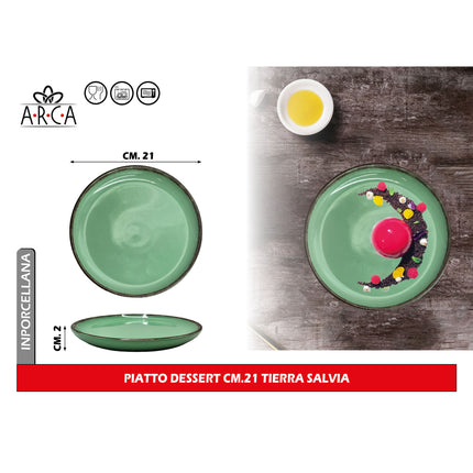 Arca Piatto Dessert Modello Tierra Ø 21 cm in Porcellana, Adatto al Lavastoviglie e al Microonde - Diversi Colori Salvia Arca