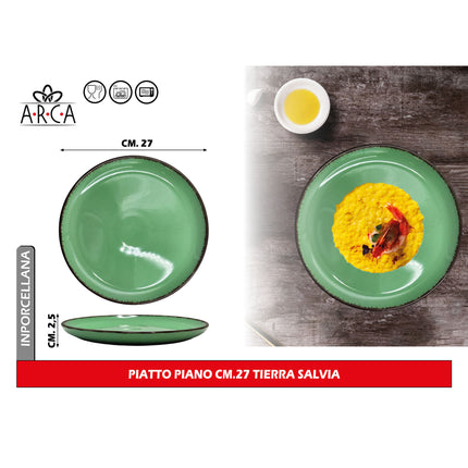 Arca Piatto Piano Modello Tierra Ø 27 cm in Porcellana, Adatto al Lavastoviglie e al Microonde - Diversi Colori Salvia Arca