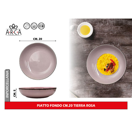 Arca Piatto Fondo Modello Tierra Ø 20 cm in Porcellana, Adatto al Lavastoviglie e al Microonde - Diversi Colori Rosa Arca