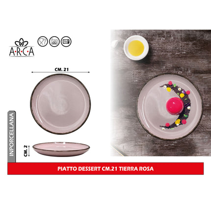 Arca Piatto Dessert Modello Tierra Ø 21 cm in Porcellana, Adatto al Lavastoviglie e al Microonde - Diversi Colori Rosa Arca