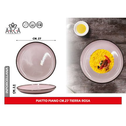 Arca Piatto Piano Modello Tierra Ø 27 cm in Porcellana, Adatto al Lavastoviglie e al Microonde - Diversi Colori Rosa Arca