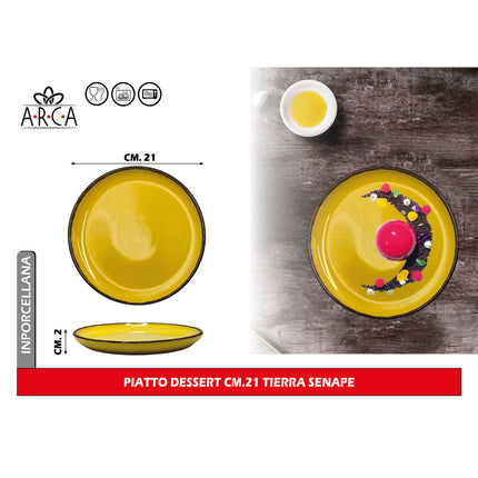 Arca Piatto Dessert Modello Tierra Ø 21 cm in Porcellana, Adatto al Lavastoviglie e al Microonde - Diversi Colori Senape Arca