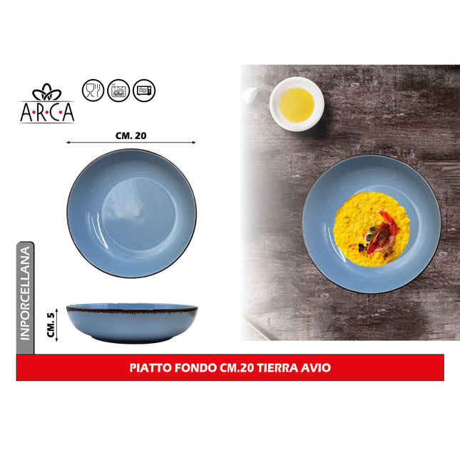 Arca Piatto Fondo Modello Tierra Ø 20 cm in Porcellana, Adatto al Lavastoviglie e al Microonde - Diversi Colori Avio Arca