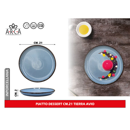Arca Piatto Dessert Modello Tierra Ø 21 cm in Porcellana, Adatto al Lavastoviglie e al Microonde - Diversi Colori Avio Arca