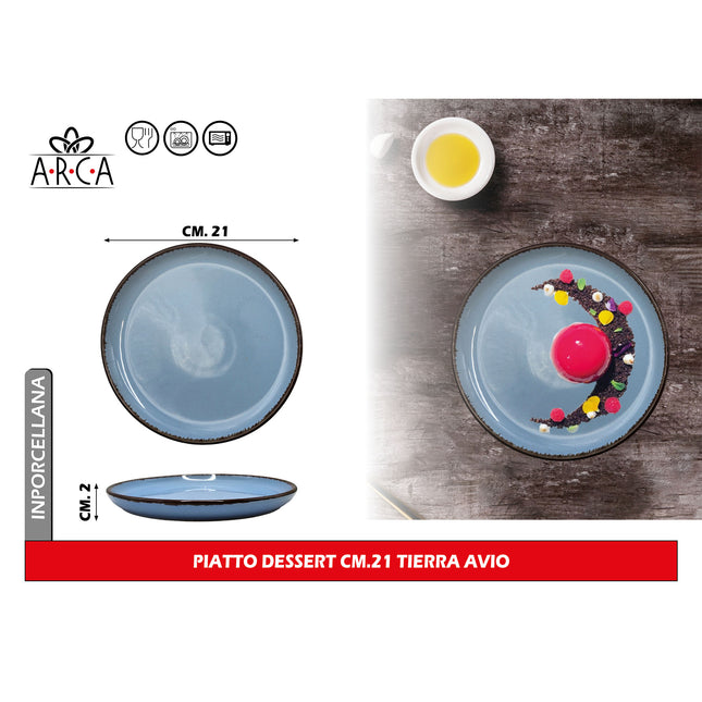 Arca Piatto Dessert Modello Tierra Ø 21 cm in Porcellana, Adatto al Lavastoviglie e al Microonde - Diversi Colori Avio Arca
