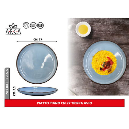 Arca Piatto Piano Modello Tierra Ø 27 cm in Porcellana, Adatto al Lavastoviglie e al Microonde - Diversi Colori Avio Arca