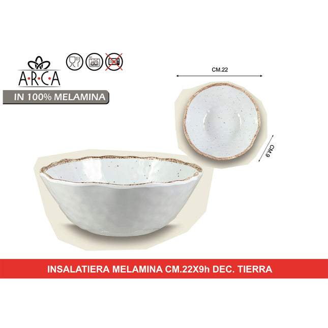 Arca Insalatiera in 100% Melamina, Bianco, Decoro Tierra, Idonea alla Lavastoviglie | Diverse Misure Ø 22 x 9h cm Arca