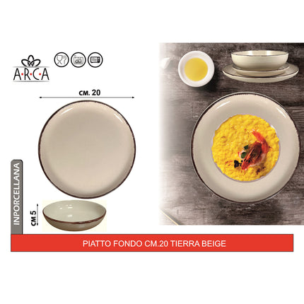 Arca Piatto Fondo Modello Tierra Ø 20 cm in Porcellana, Adatto al Lavastoviglie e al Microonde - Diversi Colori Beige Arca