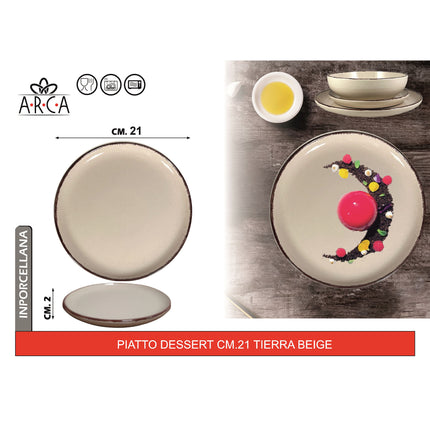 Arca Piatto Dessert Modello Tierra Ø 21 cm in Porcellana, Adatto al Lavastoviglie e al Microonde - Diversi Colori Beige Arca