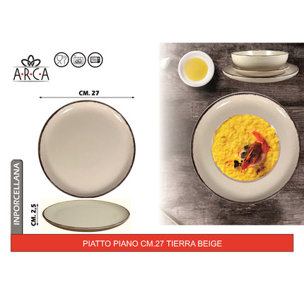 Arca Piatto Piano Modello Tierra Ø 27 cm in Porcellana, Adatto al Lavastoviglie e al Microonde - Diversi Colori Beige Arca