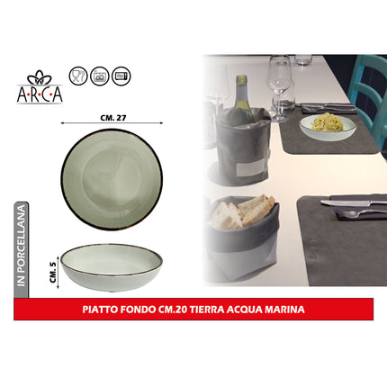 Arca Piatto Fondo Modello Tierra Ø 20 cm in Porcellana, Adatto al Lavastoviglie e al Microonde - Diversi Colori Acqua marina Arca