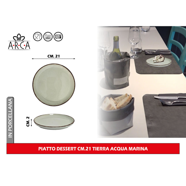 Arca Piatto Dessert Modello Tierra Ø 21 cm in Porcellana, Adatto al Lavastoviglie e al Microonde - Diversi Colori Acqua marina Arca