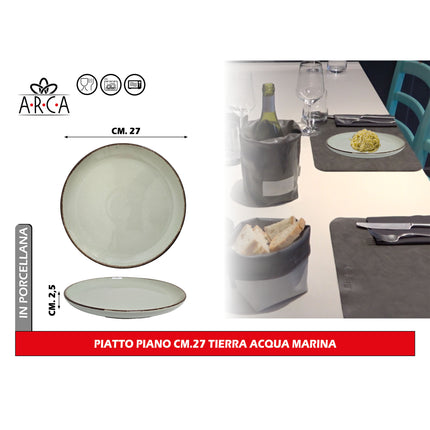 Arca Piatto Piano Modello Tierra Ø 27 cm in Porcellana, Adatto al Lavastoviglie e al Microonde - Diversi Colori Acqua marina Arca
