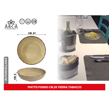 Arca Piatto Fondo Modello Tierra Ø 20 cm in Porcellana, Adatto al Lavastoviglie e al Microonde - Diversi Colori Avana Arca