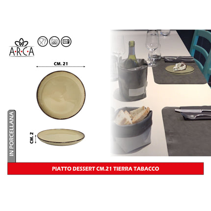 Arca Piatto Dessert Modello Tierra Ø 21 cm in Porcellana, Adatto al Lavastoviglie e al Microonde - Diversi Colori Avana Arca