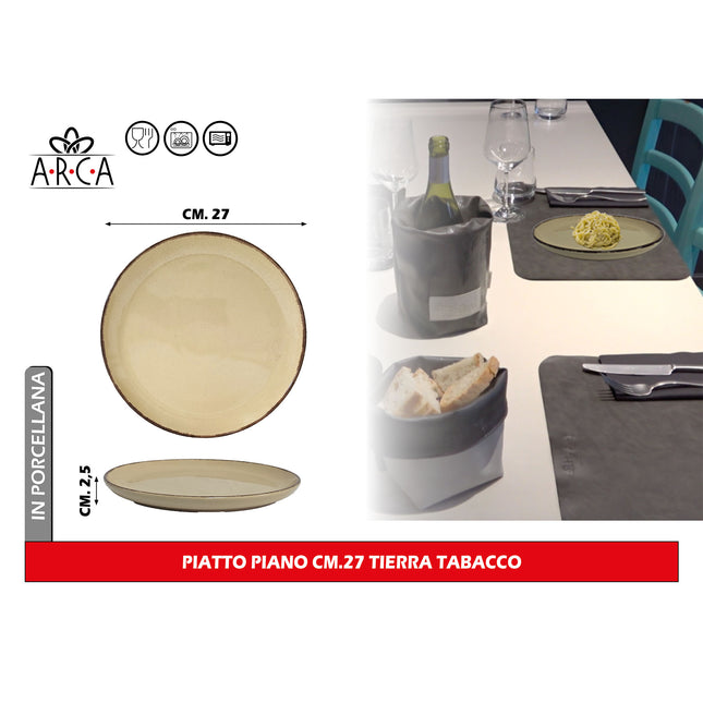 Arca Piatto Piano Modello Tierra Ø 27 cm in Porcellana, Adatto al Lavastoviglie e al Microonde - Diversi Colori Avana Arca