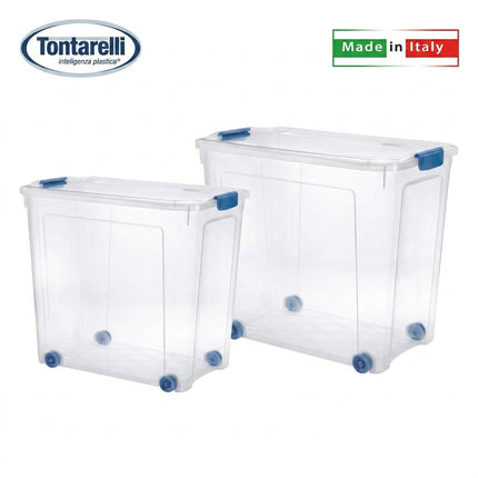 Tontarelli Combi Contenitore in Plastica con Ruote e Coperchio, Scatola Multiuso Salvaspazio Impilabile con Clip a Scatto, Box Trasparente per Cambio Stagione e Organizzazione Casa, Capacità 67L / 85L Tontarelli