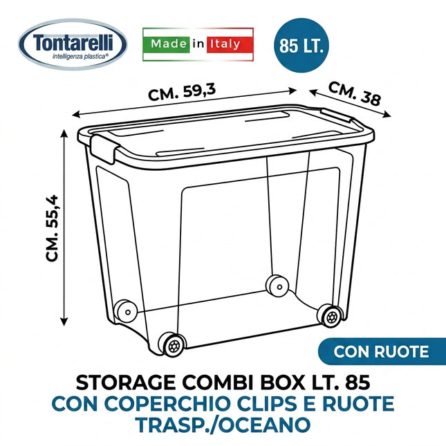 Contenitore in Plastica con Ruote Tontarelli Combi – Scatola Multiuso con Clip (Capacità 67L / 85L) 85 Litri Tontarelli