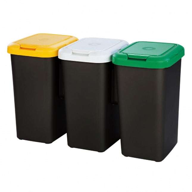 Tontarelli Pattumiera Differenziata Trio 3 x 25 L – Base Nera, Coperchi Colorati Ambra/Bianco/Verde, Modulo Orizzontale Salvaspazio per Raccolta Domestica Tontarelli