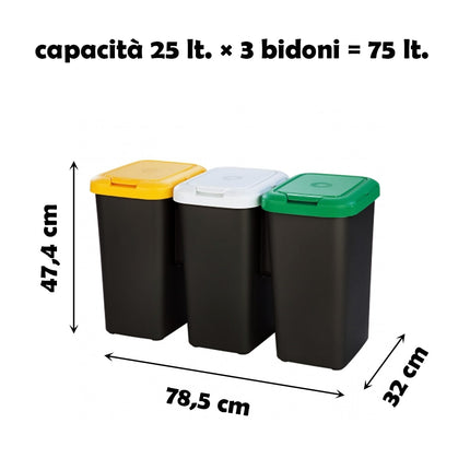 Pattumiera Differenziata Trio 25L.(X3) Base Nera Tontarelli