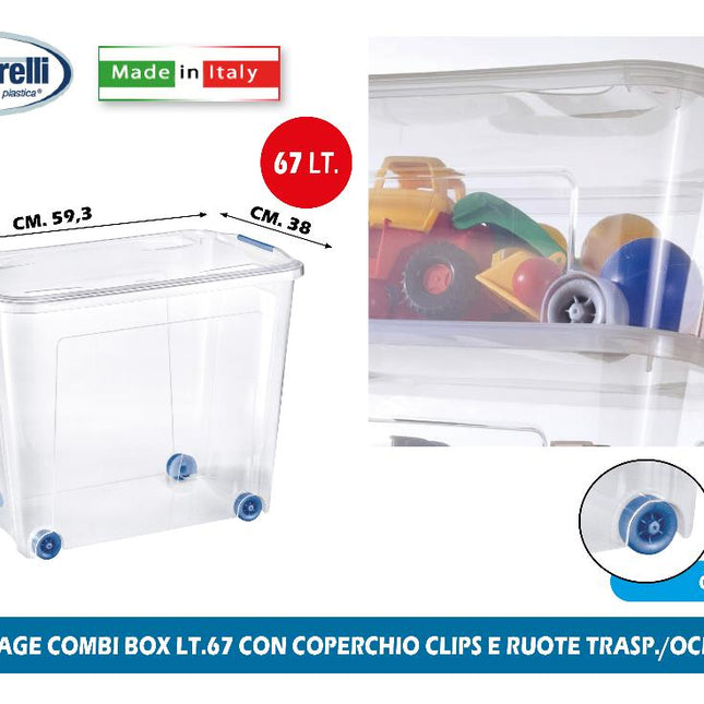 Storage Combi Box 67L Con Coperchio Clips E Ruote Trasp./Oceano 59.3X38X47H Cm