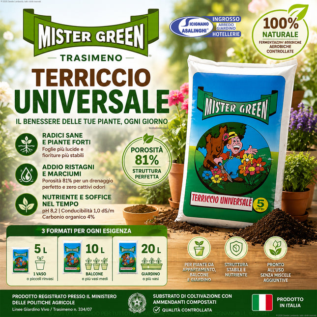 Trasimeno Terriccio Universale 5/10/20 L – Terreno Naturale per Piante da Appartamento, Balcone e Giardino Trasimeno