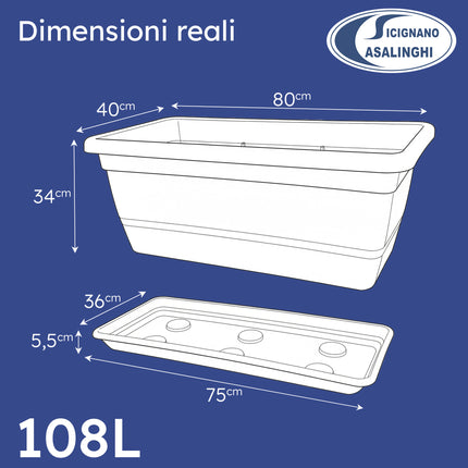 Fioriera Rettangolare Anthea Veca 80/100 cm – Anti‑UV, Made in Italy, Struttura Rinforzata, Sottofioriera e Ruote Optional Fioriera+Sottofior. 80 cm Veca