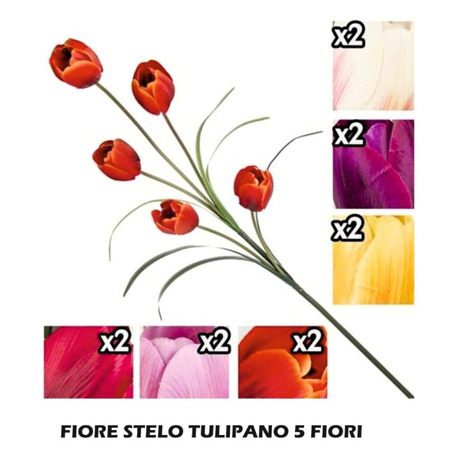Fiore Artificiale Stelo Tulipano con 5 Fiori | Ramo Decorativo Finto per Vasi Grandi e Composizioni in Colori Assortiti Lovimport srl