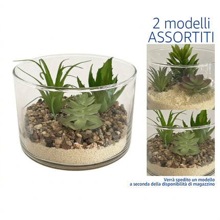 Piantina Grassa Finta Artificiale in Vaso di Vetro con Sassolini 15x10 cm - Modelli Assortiti Lovimport srl