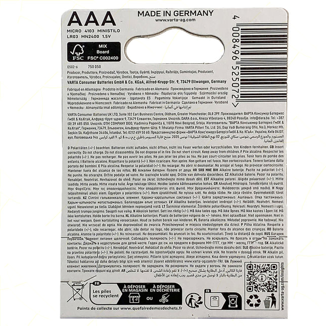 Longlife Alk. Ministilo Aaa Lr03 Conf. 4 Pz. Varta