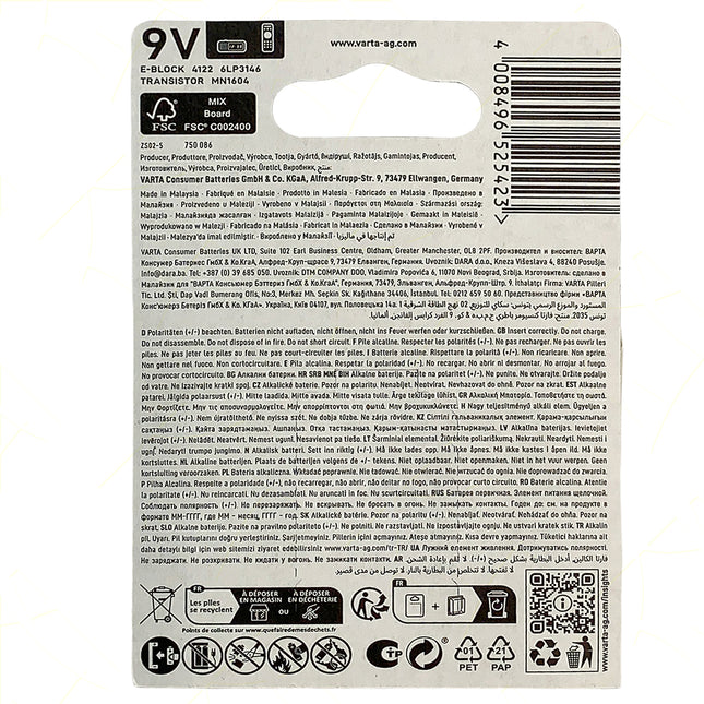 Longlife Alk. 9V Pp3 6Lr61 Cf.1 Pz. Varta