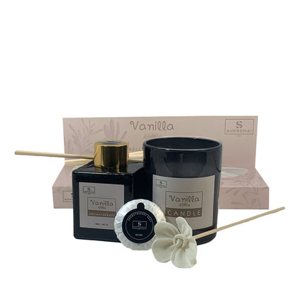 Suprema Set Diffusore Ambienti Bastoncini + Aromaterapia Idea Regalo + Home Decor Box + 100ml Olio & Candela Vanilla D&D Casalinghi