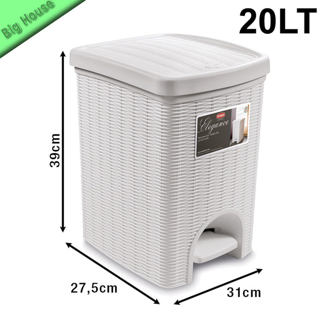 Cestino Con Pedale Elegance Pattumiera 20L Da Cucina Bagno Effetto Vimini Rattan Bianco Stefanplast