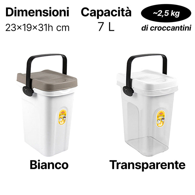 Contenitore Ermetico Croccantini Cane Gatto Porta Crocchette Animali Domestici 7 LT con manico Bianco Stefanplast