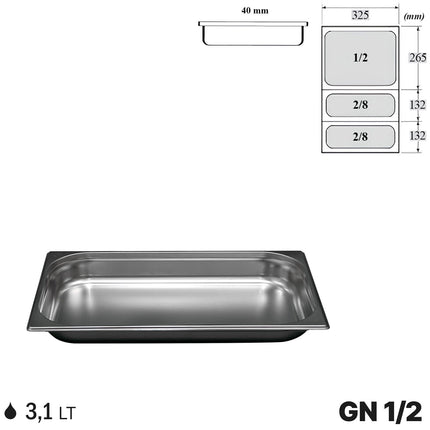 Comas Vaschette Acciaio Inox Gastronorm Gn 1/2 Contenitori Bacinelle Vassoio Professionale 325X265Mm Piene E Forate 4 cm Standard Comas