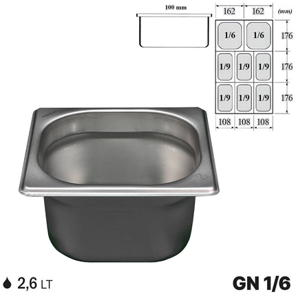 Gastronorm GN 1/6 Vaschette Acciaio Inox Bacinelle Contenitori Cibo 176x162mm