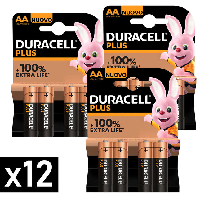 Duracell Pile Stilo Aa Plus Lr6 Mn1500 +100% Extra Life 3 Confezioni (12pz) Duracell