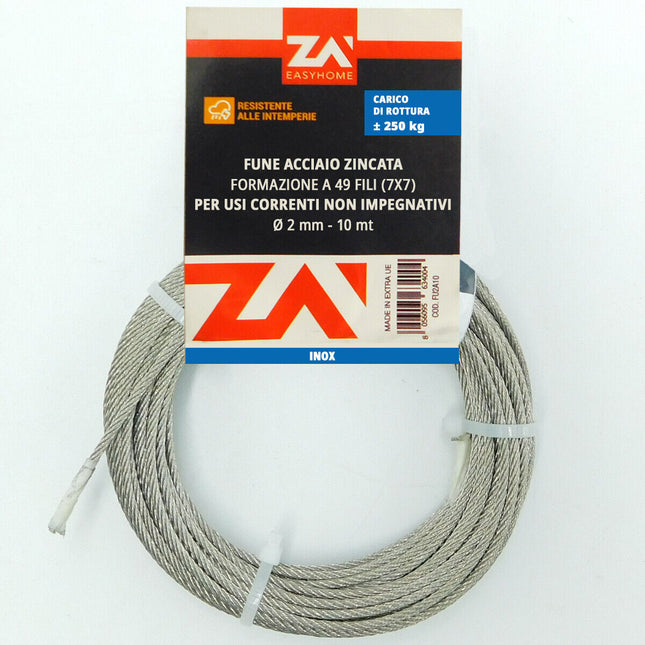 Rotolo Cavo Corda Metallica Metallo Fune Acciaio Inox Inossidabile Anti-Ruggine Ø 2,00 mm • 10 m ZA'
