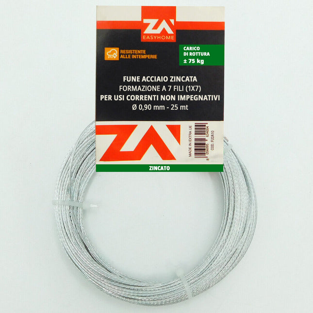 Rotolo Cavo Corda Metallica Metallo Fune Acciaio Zincata Anti-Ruggine Resistente Ø 0,90 mm • 25 m ZA'