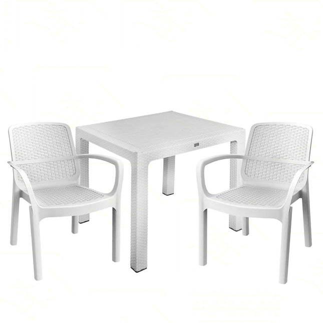 Sicignano Set Tavolo Polyrattan 90X90 Cm + Sedie Numana Bianche 2 Sedie 1 Tavolo Plastmeccanica