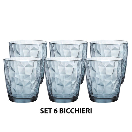 Set 3/6 Pezzi Bicchieri Diamond 30,5 Cl Vetro Blu Elegante Per Acqua E Bibite