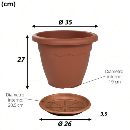 Sicignano Vaso Vulcano Con Sottovaso E Terriccio, Plastica Terracotta