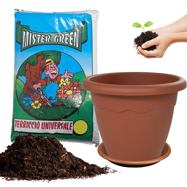 Sicignano Vaso Vulcano Con Sottovaso E Terriccio, Plastica Terracotta